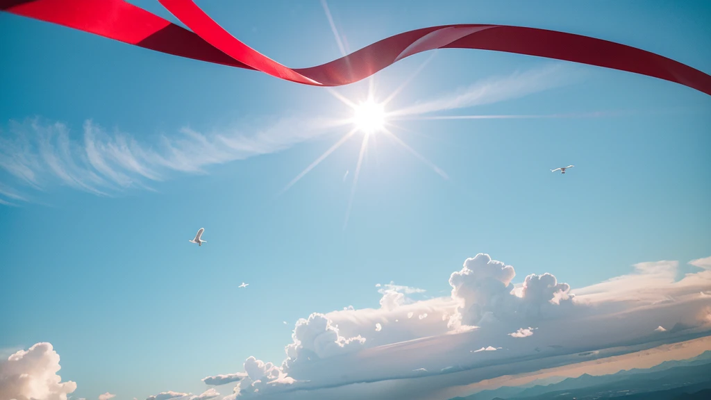 A landscape in the sky with white and light blue as the base, with a red ribbon in the upper left corner and a red ribbon in the lower right corner, and a few birds flying in the sky. Realistic, landscape, 4k, suitable for PPT production.