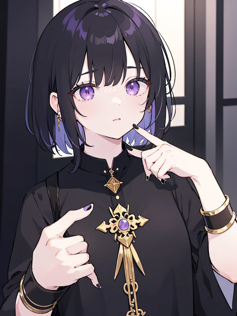 Black Hair、Black nails、Short Hair、girl、Stylish、Gold decoration、Purple Eyes、20th Generation、cool、cool、Gold Jewelry