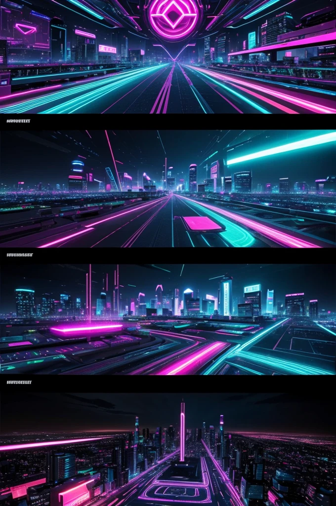 "Generate a set of high-resolution images with a futuristic and electronic theme. The visuals should feature vibrant neon colors, abstract patterns, and modern tech elements. Include elements like synthesizers, digital interfaces, and cityscapes with a cyberpunk or synthwave aesthetic. Ensure the images have a sleek, polished look with dynamic lighting effects and a sense of movement."