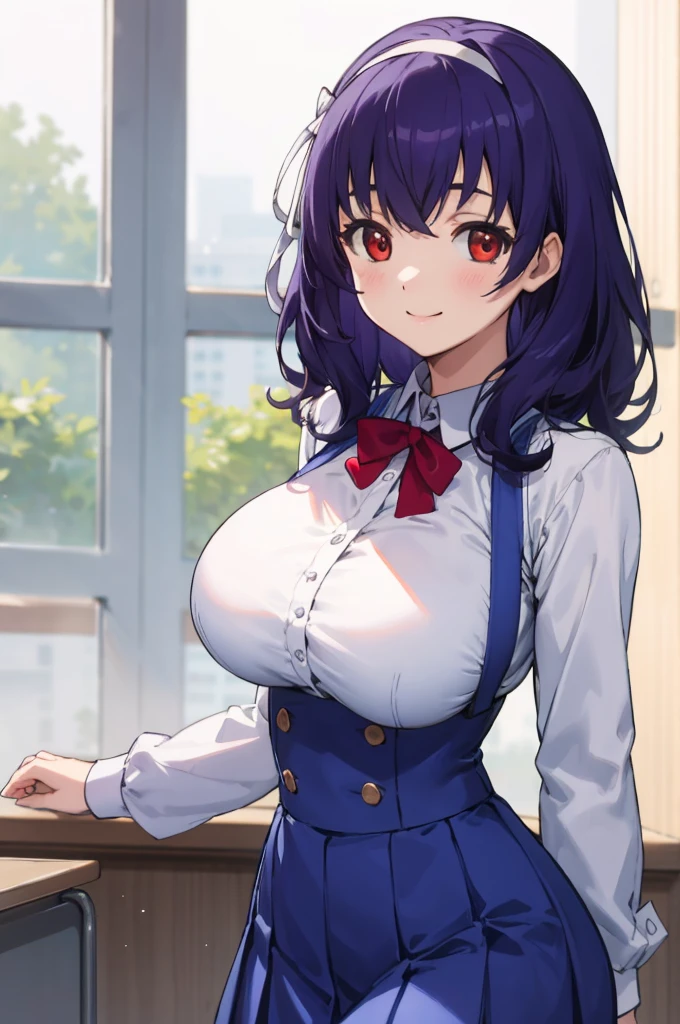 masterpiece, best quality, highres,absurdres,ray_tracing,intricate details,depth of field, extremely delicate and beautiful,4k,1girl,cowboy shot, looking at viewer,
yamanobe tomo, purple hair, red eyes, medium hair,  , hairband, long sleeves, blue skirt, high waist skirt,
classroom,
standing, 
smile,
huge breasts, curvy,    