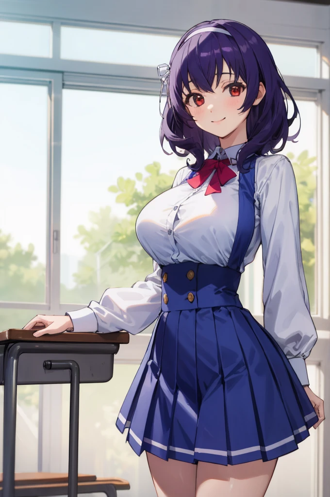 masterpiece, best quality, highres,absurdres,ray_tracing,intricate details,depth of field, extremely delicate and beautiful,4k,1girl,cowboy shot, looking at viewer,
yamanobe tomo, purple hair, red eyes, medium hair,  , hairband, long sleeves, blue skirt, high waist skirt,
classroom,
standing, 
smile,
huge breasts, curvy,    