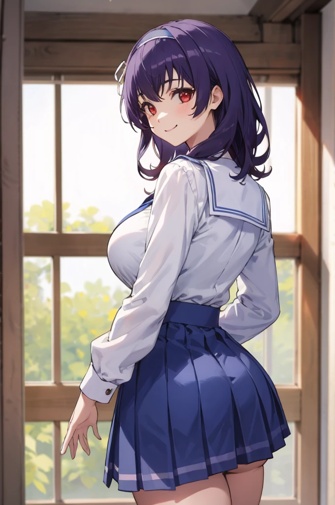 masterpiece, best quality, highres,absurdres,ray_tracing,intricate details,depth of field, extremely delicate and beautiful,4k,1girl,cowboy shot, looking at viewer,
yamanobe tomo, purple hair, red eyes, medium hair,  , hairband, long sleeves, blue skirt, high waist skirt,
classroom,
standing, 
smile,
huge breasts, curvy,    