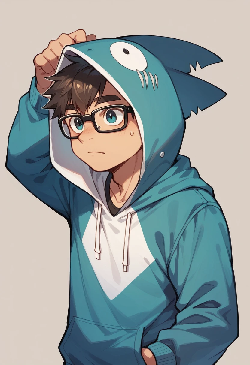 boy,Wear glasses,cute, Wear a shark hoodie.