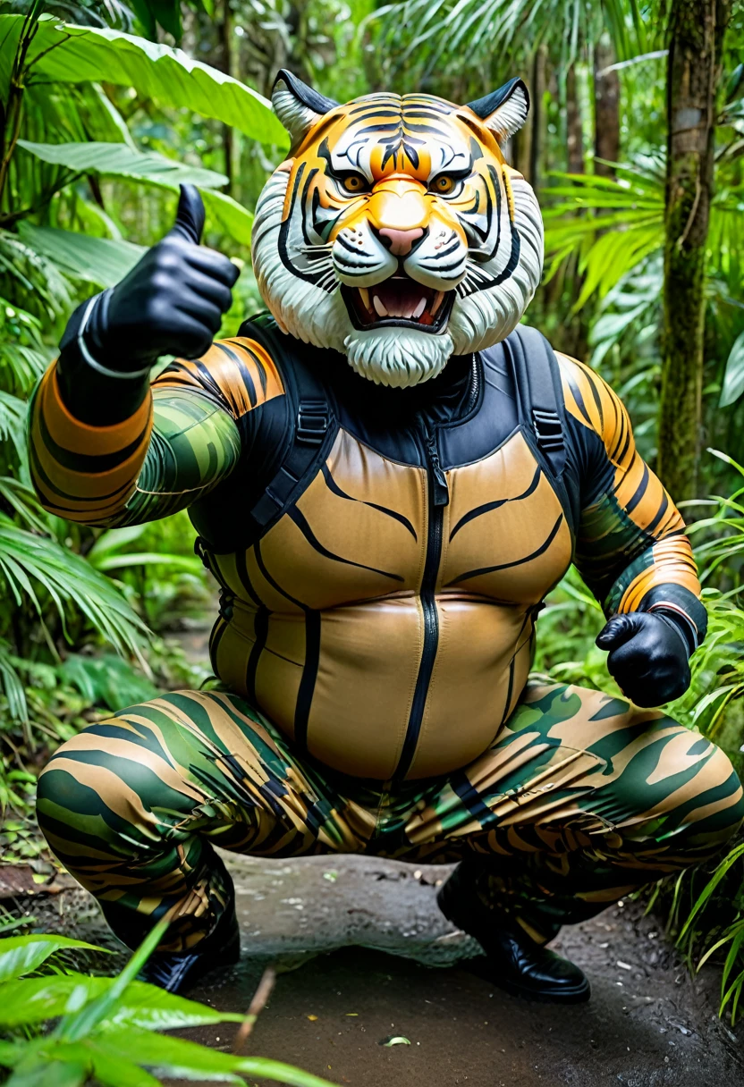 (a dark-skinned bearded fat muscular old man in a bulky army camouflage zipper diver suit), and (wearing realistic roaring siberian tiger mask) thumbs up, crouching in a jungle, muscular, Bruce Onobrakpeya, sumatraism, stanley artgermm, action, heroic, fierce, furious