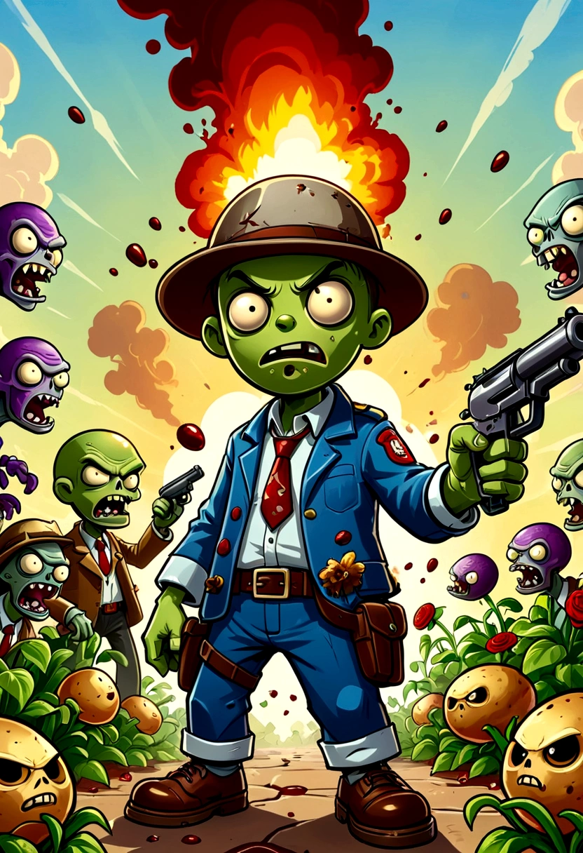 poster design：Plants vs. Zombies，Zombies are about to invade，Defense War Game，fear，bloody，Old，Zombies，Violence，Peashooter，Potato Mine Explosion，Ragged clothes，Exaggerated art illustration，