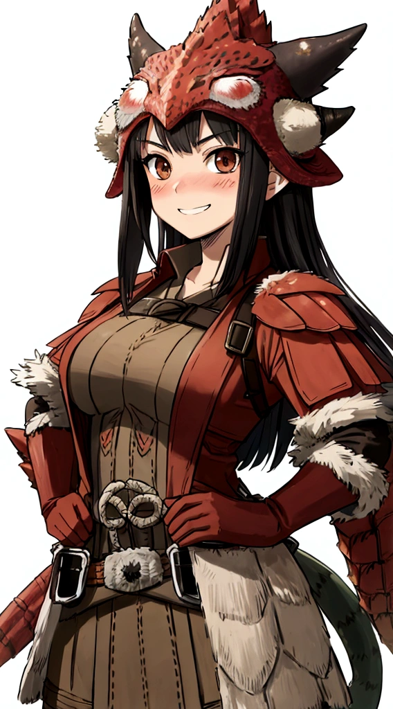 (monsterhunter)), looking the viewer, solo, girl, shy, red cheek, bashful, embarrassed, smiling, happy, perfect face, muscular, long hair, beautiful eye, upper body