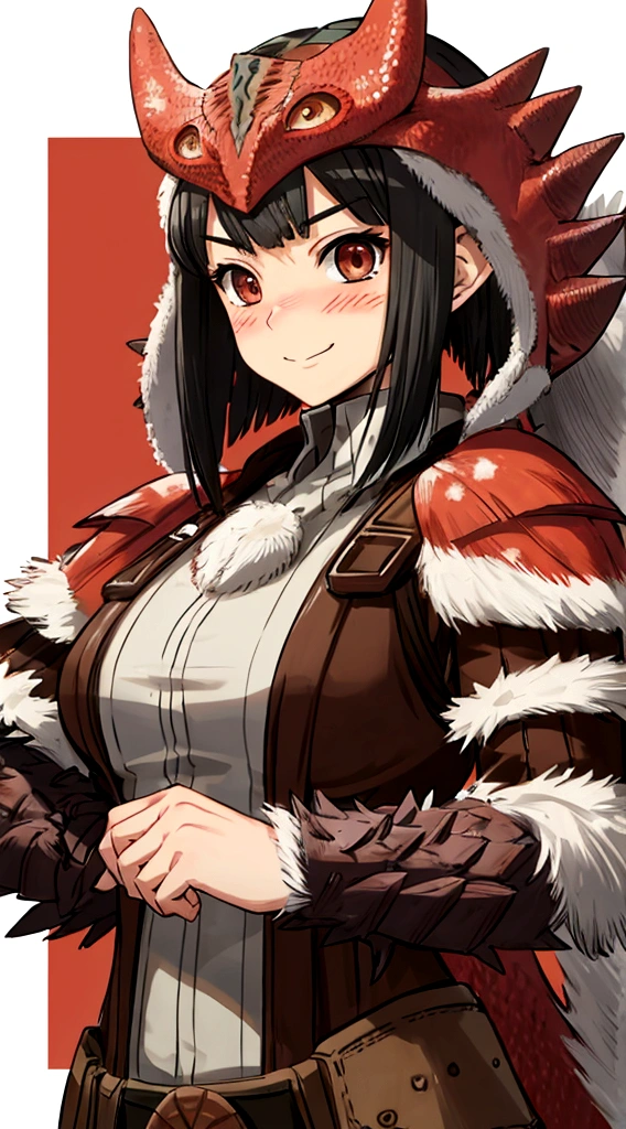 ((monsterhunter)), looking the viewer, solo, girl, shy, red cheek, bashful, embarrassed, smiling, happy, perfect face, muscular,  long hair, beautiful eye, upper body
