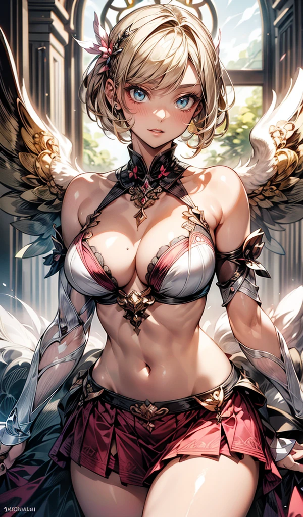 Please follow the all prompts below exactly and faithfully, This is a breathtaking masterpiece of digital illustration, with maximum resolution, UHD, 512K, 2160p, 10 million ppi, 300 million dpi, natural color tones, ultra sharp details, perfect outlines with contrast, ((smooth, soft and clearly and most realistic skin and hair texture)), most beautiful detailed eye features, perfect anatomically correct human body, beautiful background with depth, rule of thirds, depth of field, Maximize all element is used to its full potential to create the best digital illustrations, 1woman, sexy, 25years old, beautiful face sharp, elegant woman, Ultimate perfect body style, beautiful beautiful big breasts, Maximize upturned breasts, green eyes, shiny blonde hair, short hair, bob cut, (eyes visible through hair:1.3), glossy very thick lips, pink lipstick, smile:1.5, An angel with a radiant halo and broad, ethereal wings in a powerful motion. The angel is adorned in a bright, intricately designed skirt with vibrant patterns. The outfit consists of over 20 detailed features, including divine symbols, glowing patterns, and ornate armor. The angel is equipped with a sacred weapon, adding to its magnificent presence.