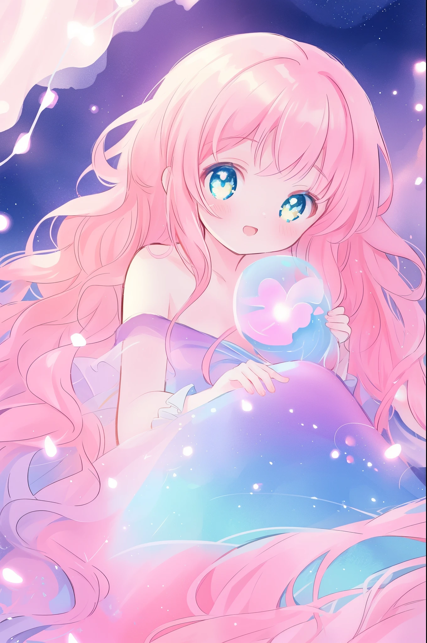 beautiful anime girl in colorful multi-layered ballgown, vibrant pastel colors, (colorful), magical lights, sparkling liquid light, colorful wavy hair, inspired by Glen Keane, inspired by Lois van Baarle, disney art style, by Lois van Baarle, glowing aura around her, by Glen Keane, jen bartel, glowing lights! digital painting, flowing glowing hair, glowing flowing hair, beautiful digital illustration, fantasia background, whimsical, magical, fantasy, beautiful face, ((masterpiece, best quality)), intricate details, highly detailed, sharp focus, 8k resolution, sparkling detailed eyes, liquid watercolor