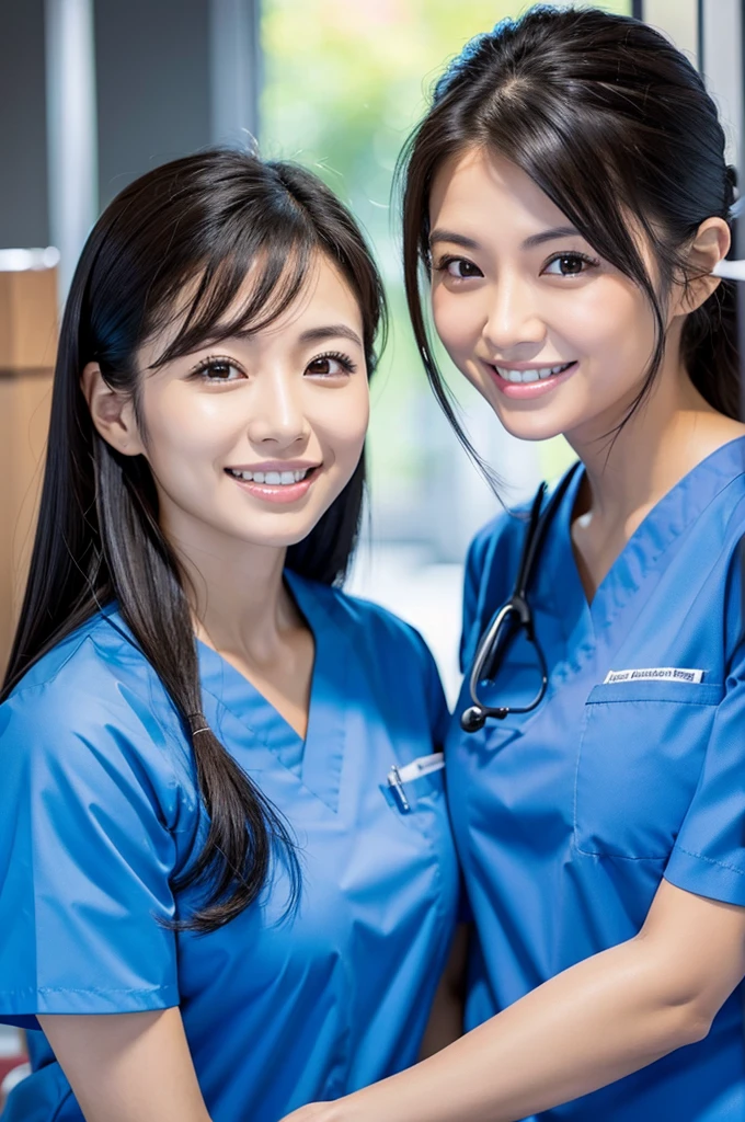 Dental hygienist, only two women　Side by side, smiling, wearing medical scrubs, short sleeves, cute, Japanese, black hair, women in their early 20s　Upper body close-up　high resolution　Highest quality　　Don&#39;t press your face too much