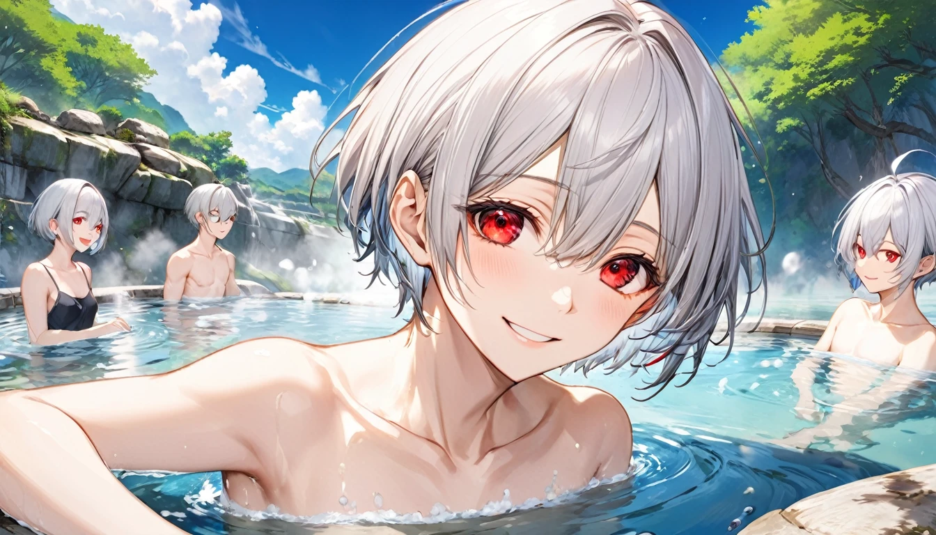 panoramic, (relax bathing style) (a 16 yo, crew cut silver hair very short hair divine fighter boy, cool red eyes, smile, flat chest), break, (in the very large natural detailed hot spring, background nature), BREAK, perfect anatomy, masterpiece, best quality, 16k, beautiful detailed hot, daydreaming expression.