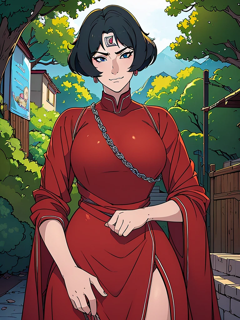 Just one girl,Best quality, 4k, high resolution, body stuck dress, perfect smile, gorgeous, white skin, ahegao face(hentai face) , black  hair, wearing red bodycorn dress(bodystuck dress),(with long sheeves),1 girl, solo, seductive look, elegance and charm, (masterpiece, best quality, high resolution), looking at the viewer, standing, (intricate and beautiful:1.2), (detailed light:1.2), (soft light, side light), (high resolution textures) , holding leash in hand(chain leash), outdoor, Burmese girl, wearing gorgeous jewelary, wearing harness over the outfit ,outdoor background, sun light, attractive, sexy, mature and hot, young,(masterpiece:1.3), (disorganized:1.3), (highest quality:1.3), perfect anatomy, detailed face, front view, perfect right hands, looking at viewer, (Super detailed:1.3), (best shadow:0.7), (treated hair), fine eyes, beautiful eyes, young aged woman, alone, standing, crystal earrings,closed_mouth, , outdoors,Thick thighs, arrogant face, small 