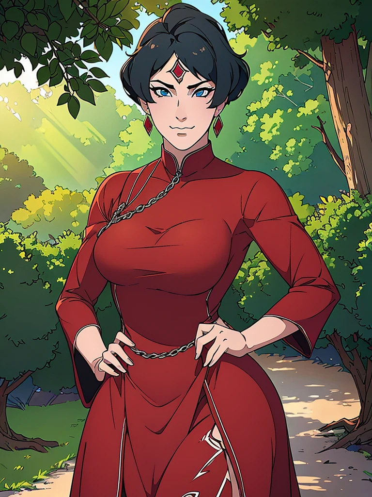 Just one girl,Best quality, 4k, high resolution, body stuck dress, perfect smile, gorgeous, white skin, ahegao face(hentai face) , black  hair, wearing red bodycorn dress(bodystuck dress),(with long sheeves),1 girl, solo, seductive look, elegance and charm, (masterpiece, best quality, high resolution), looking at the viewer, standing, (intricate and beautiful:1.2), (detailed light:1.2), (soft light, side light), (high resolution textures) , holding leash in hand(chain leash), outdoor, Burmese girl, wearing gorgeous jewelary, wearing harness over the outfit ,outdoor background, sun light, attractive, sexy, mature and hot, young,(masterpiece:1.3), (disorganized:1.3), (highest quality:1.3), perfect anatomy, detailed face, front view, perfect right hands, looking at viewer, (Super detailed:1.3), (best shadow:0.7), (treated hair), fine eyes, beautiful eyes, young aged woman, alone, standing, crystal earrings,closed_mouth, , outdoors,Thick thighs, arrogant face, small 