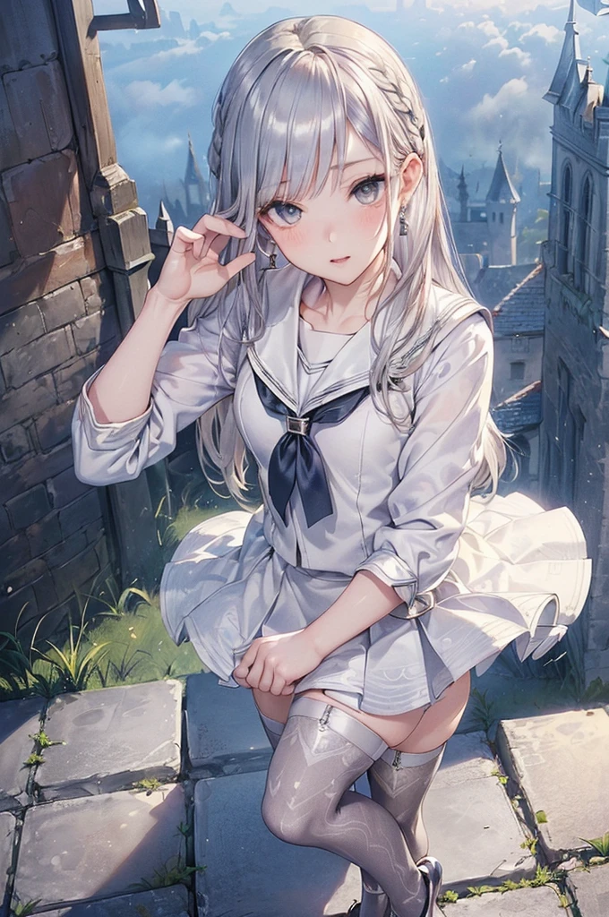 ((Biologically correct limb count))、(( From head to toe、Full-body photo including face))、4K、((Standing position))、masterpiece、((Focus on the face))、((Symmetrical facial features))、Eyes with detailed description、Beautiful woman、Great style、Beautiful arms、Beautiful legs、Beautiful Hands、(Small Ass、Thin thighs)、Facial detailing、Small earrings、necklace、(Sailor suit、mini skirt((High heels、Patterned stockings)))、((Standing in front of an old castle in the daytime sun, looking up))、Silk gloves、(((Silver Hair)))、(Thick fog)、Realistic photo