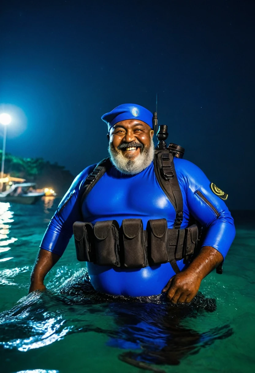 (a dark-skinned bearded fat old man in a bulky blue zipper diver suit) swimming surfacing from sea water at night, carrying a sniper rifle and (wearing army beret), muscular, Basuki Abdullah, sumatraism, action, a character portrait, heroic, fierce, smiling