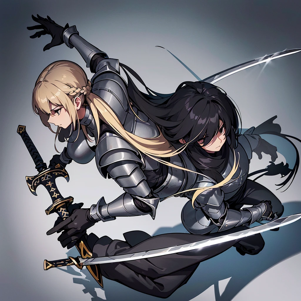 Best illustrations、Best Quality、(Full body character concept、detailed)、(((Simple grey armor、Black trousers、Black gloves))、(woman、18-year-old)、(Blonde、Long Hair)、(((Grab the sword)))、(From above at an angle)