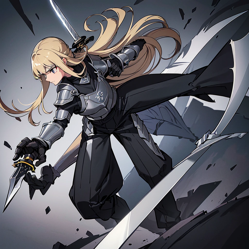 Best illustrations、Best Quality、(Full body character concept、detailed)、(((Simple grey armor、Black trousers、Black gloves))、(woman、18-year-old)、(Blonde、Long Hair)、(((Grab the sword)))、(From above at an angle)