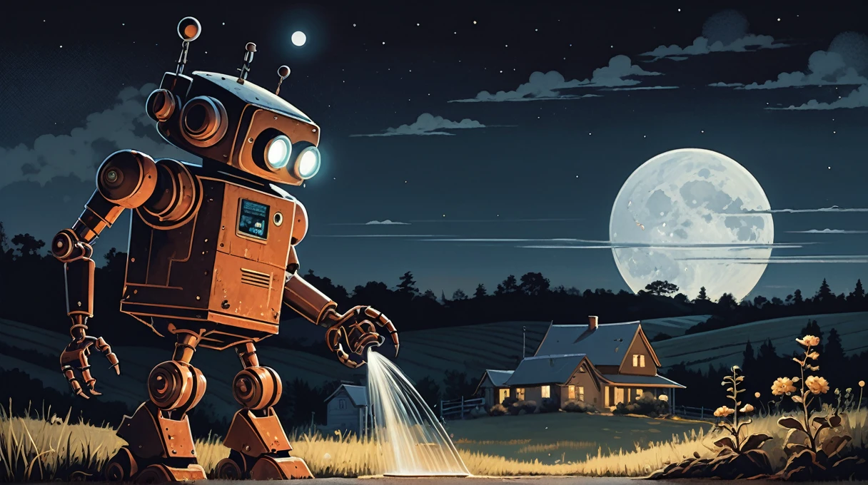 A detailed painting of a rusty, vintage robot watering a plant at night under a full moon. The scene is set in a tranquil, slightly eerie countryside with a small, old house and a distant antenna tower in the background. The robot, with glowing eyes, carefully tends to the plant, highlighting a contrast between technology and nature.