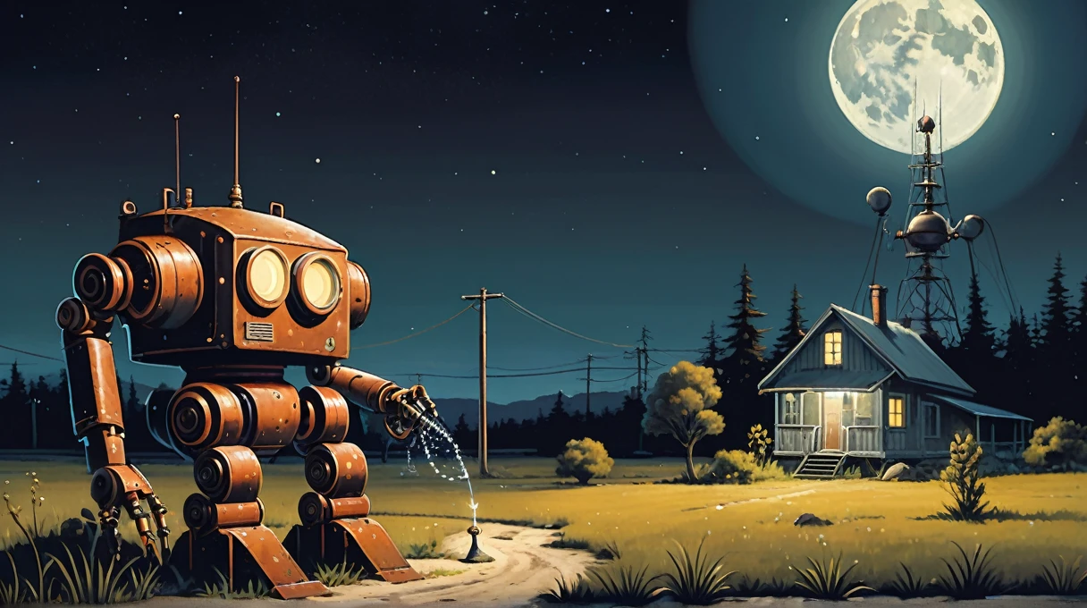 A detailed painting of a rusty, vintage robot watering a plant at night under a full moon. The scene is set in a tranquil, slightly eerie countryside with a small, old house and a distant antenna tower in the background. The robot, with glowing eyes, carefully tends to the plant, highlighting a contrast between technology and nature.