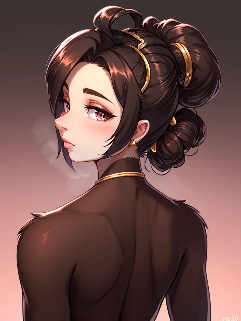 Updo, focus nape, turning around , glossy lips, seductive gaze