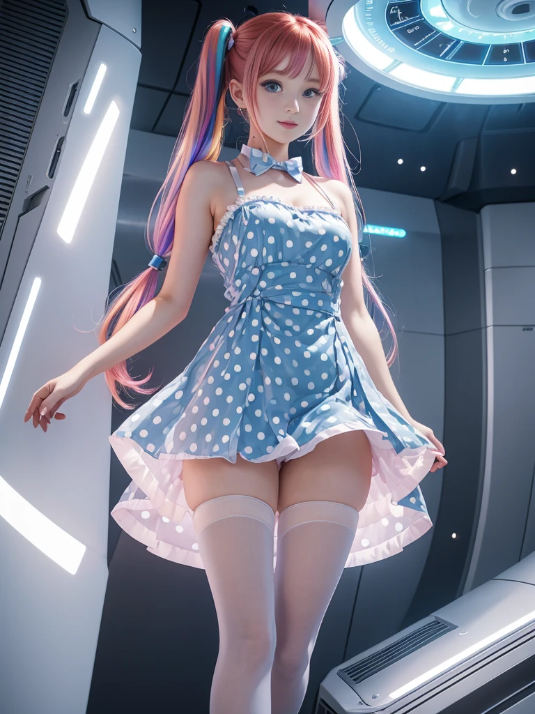 Cute redhead, gravure Idol, with rainbow colored hair tips, ribbons in her hair, 18-year-old woman, happy, in twin tails, perfect symmetrical eyes, clear sparkling blue eyes, pale skin, silky smooth skin, standing on a fancy luxurious space ship, large futuristic corridor, control panels, wood trim, decorative plants, warm lighting, wearing a futuristic  dress, pleated (chemise) mini dress (pastel rainbow colors, and polka dots), wearing full body pantyhose, cute short cut booties.