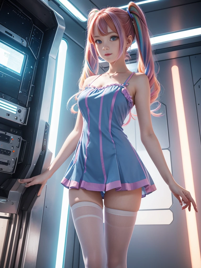 Cute redhead, gravure Idol, with rainbow colored hair tips, ribbons in her hair, 18-year-old woman, happy, in twin tails, perfect symmetrical eyes, clear sparkling blue eyes, pale skin, silky smooth skin, standing on a fancy luxurious space ship, large futuristic corridor, control panels, wood trim, decorative plants, warm lighting, wearing a futuristic  dress, pleated (chemise) mini dress (pastel rainbow colors, and polka dots), wearing full body pantyhose, cute short cut booties.