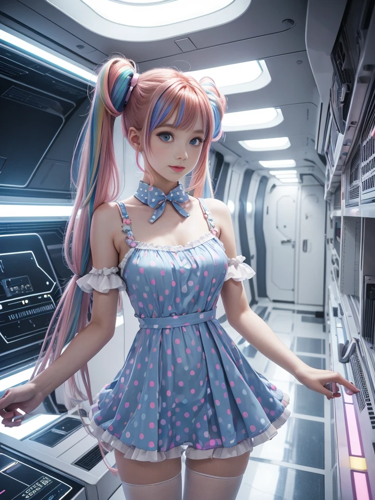 Cute redhead, gravure Idol, with rainbow colored hair tips, ribbons in her hair, 18-year-old woman, happy, in twin tails, perfect symmetrical eyes, clear sparkling blue eyes, pale skin, silky smooth skin, standing on a fancy luxurious space ship, large futuristic corridor, control panels, wood trim, decorative plants, warm lighting, wearing a futuristic  dress, pleated (chemise) mini dress (pastel rainbow colors, and polka dots), wearing full body pantyhose, cute short cut booties.