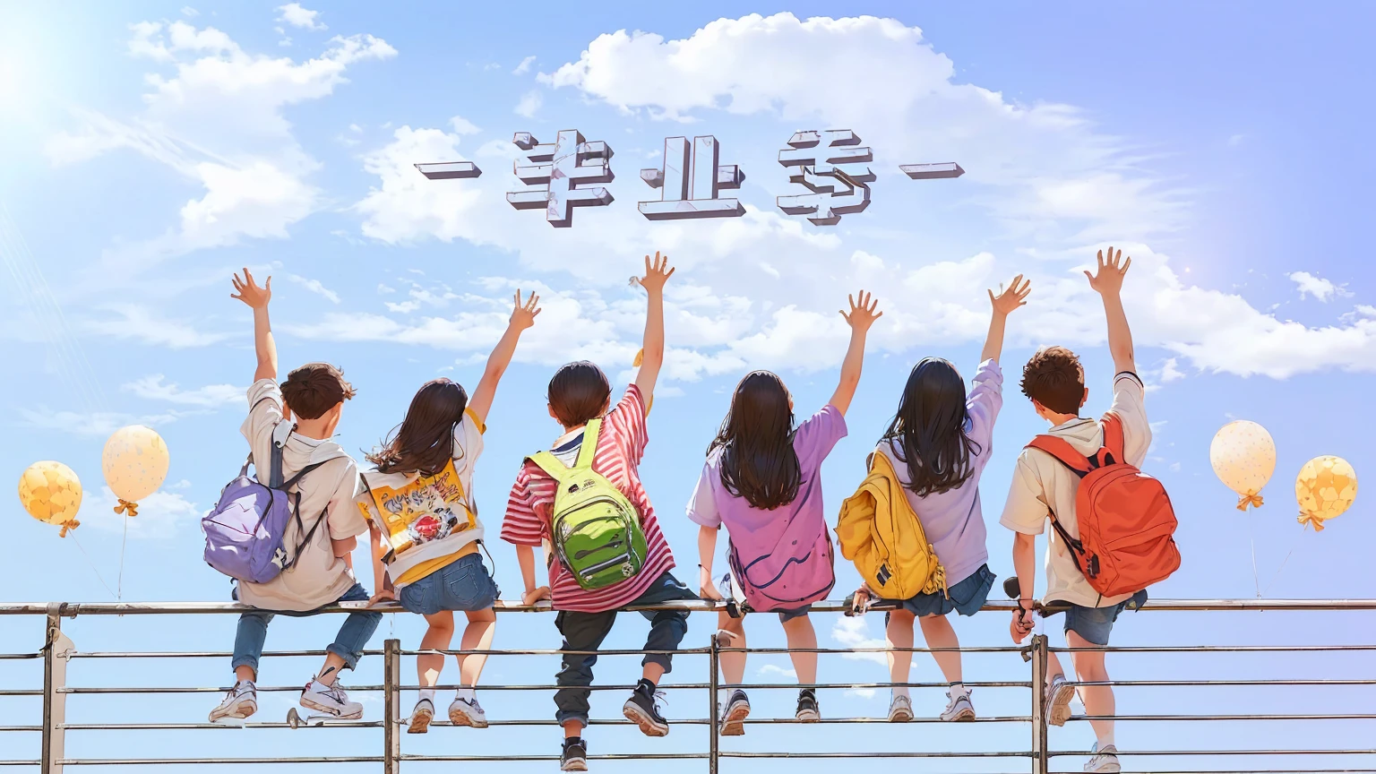 there are many children standing on a fence with their hands up, highschool background, poster ; summer, on a sunny day, high quality fanart, official fanart, 2 0 2 0 s promotional art, exciting illustration, art cover, official fan art, there is blue sky, 8k --height 768, [ digital art ]!!, poster illustration