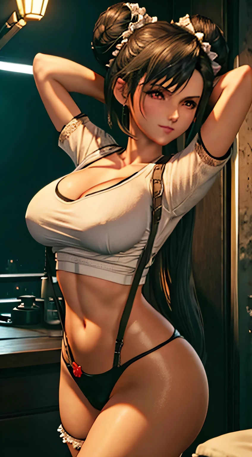 Amazing portrait of a sexy woman who is the next door neighbour with her black hair in a messy bun with a seductive look as she blushes intensely as she's flustered and lustful posing seductively wearing a white see through shirt with red lingerie visible through the shirt and white pants being barefoot looking very sexy and so hot as she lies on her back on her bed during night time with warm lighting showcasing all the amazing features