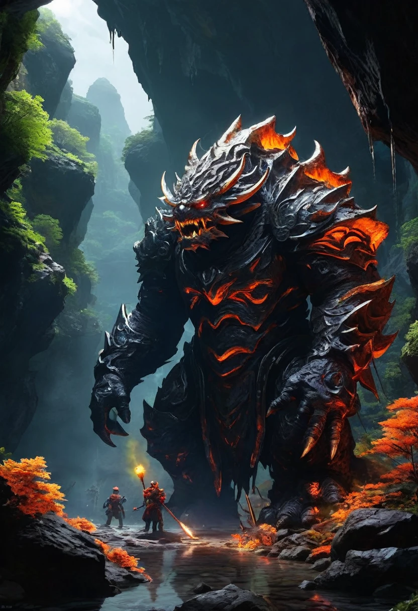 The Wardens are giant, blind creatures that live deep in underground caverns.、Its appearance is monstrous and terrifying。He's about three blocks tall.、The body is covered with thick scales、The color is grayish black、They have camouflage adapted to their underground caverns.。The head has small eye sockets、No eyes、Instead, the nostrils are wide open。The mouth is large、It has a row of sharp teeth、When it roars, its sharp teeth are visible。
What makes Warden special is、The fact that his body has earth-shattering weight、Slow but very powerful。Every time I walk on the ground, I tremble.、The surrounding rocks are shaking。They are sensitive to noise、If there are footsteps or a commotion nearby, move in that direction。
The background represents the depths of an underground cave.、Irregularly shaped rocks and minerals are scattered around the area.。Underground lakes and lava flows can be seen、The ceiling is high and dark。There is little light、The Wardens' striking grey colouration makes them especially visible in the dark.。The Warden is vigilant.、Moving among the rocks and minerals、It is depicted making heavy footsteps and emitting a low growl.