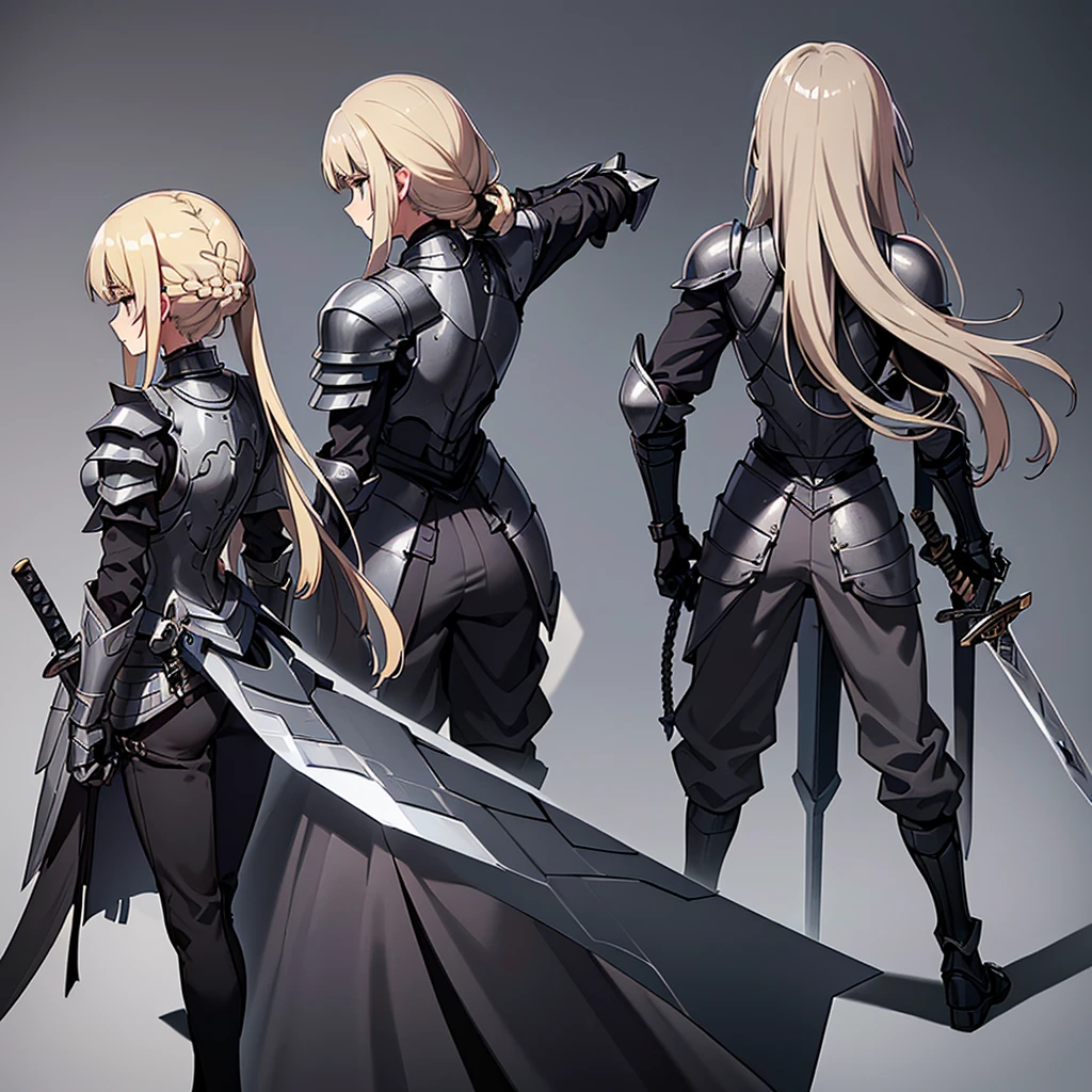 (Full body character concept、detailed)、(((Simple grey armor、Black trousers、Black gloves))、(woman、18-year-old)、(Blonde、Long Hair)、(((Grab the sword、Get Ready)))、(From the back、Back view)
