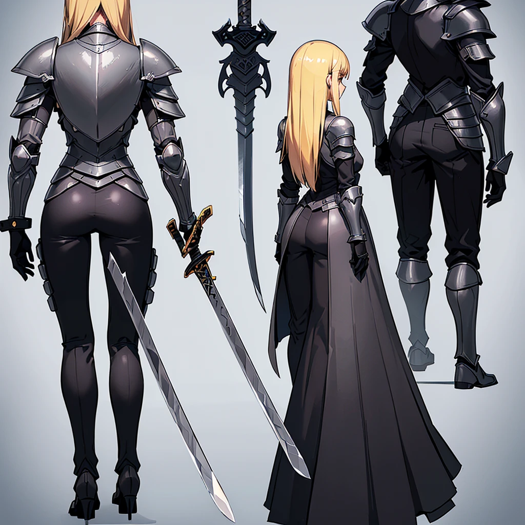 (Full body character concept、detailed)、(((Simple grey armor、Black trousers、Black gloves))、(woman、18-year-old)、(Blonde、Long Hair)、(((Grab the sword)))、(From the back)