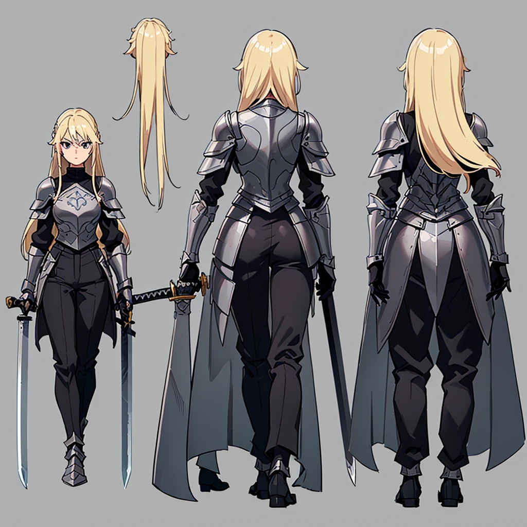 (Full body character concept、detailed)、(((Simple grey armor、Black trousers、Black gloves))、(woman、18-year-old)、(Blonde、Long Hair)、(((Grab the sword、Get Ready)))、(From the back、Back view)