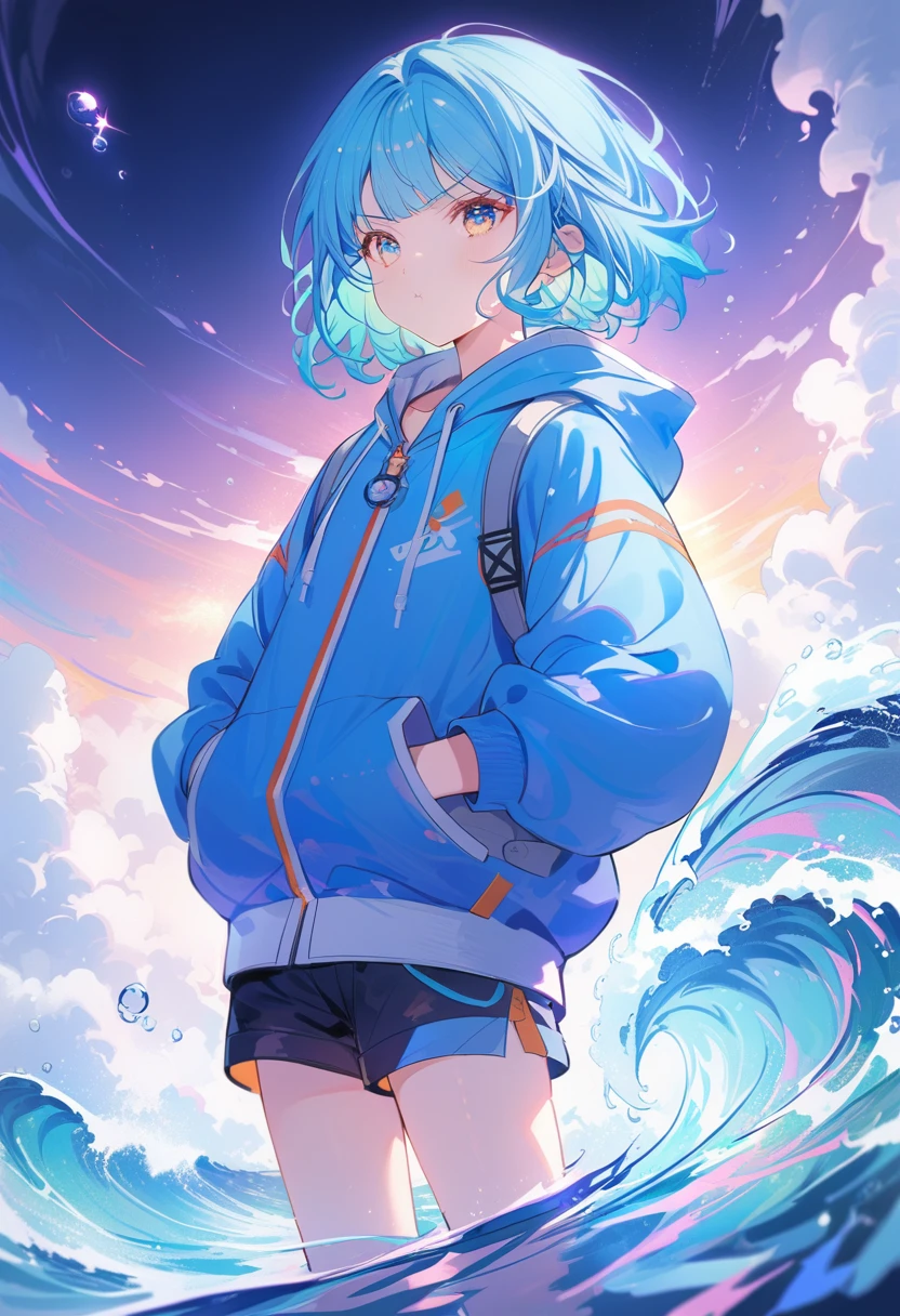 8K, 1 Girl, High Color, Gorgeous, (Fractal Art 1.8), pout, youth, Blue Hair, Under the Deep Sea, Gorgeous, Dynamic, visual impact, Hands in pockets, (Wave 1 on the lens.5)