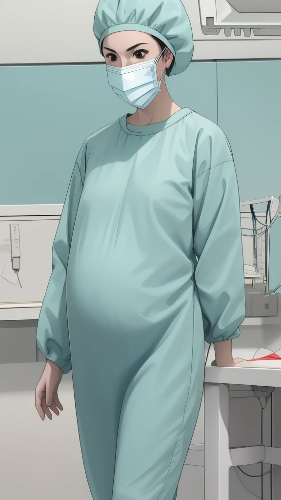 masterpiece, highest quality, source_anime, the view is turned slightly to the side, (RAW photo, best quality), 1girl, frown, pale skin, shy eyes, big breasts, big tits, pregnant, stand, natural lighting, solo, hospital, in the operating room, 
ray kasugano, pregnant with big belly, (give a score of 9_give a score of 8_give a score of 7) long sleeve Surgical dress, bouffant cap, cover ears, surgical mask, long surgical gloves, 