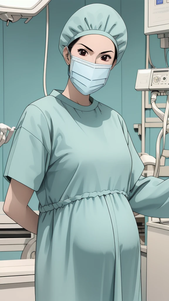 masterpiece, highest quality, source_anime, the view is turned slightly to the side, (RAW photo, best quality), 1girl, frown, pale skin, shy eyes, big breasts, big tits, pregnant, stand, natural lighting, solo, hospital, in the operating room, 
ray kasugano, pregnant with big belly, (give a score of 9_give a score of 8_give a score of 7) long sleeve Surgical dress, bouffant cap, cover ears, surgical mask, long surgical gloves, 