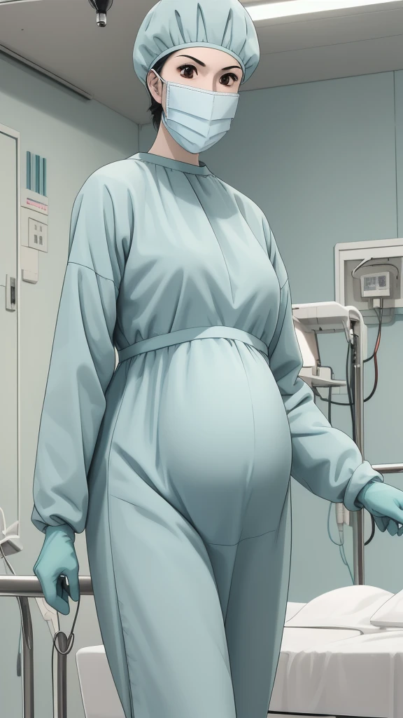 masterpiece, highest quality, source_anime, the view is turned slightly to the side, (RAW photo, best quality), 1girl, frown, pale skin, shy eyes, big breasts, big tits, pregnant, stand, natural lighting, solo, hospital, in the operating room, 
ray kasugano, pregnant with big belly, (give a score of 9_give a score of 8_give a score of 7) long sleeve Surgical dress, bouffant cap, cover ears, surgical mask, long surgical gloves, 