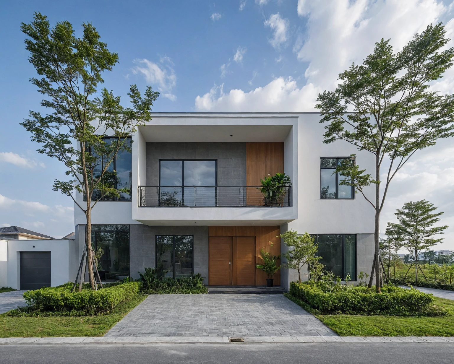 Raw photo, masterpiece, high quality, best quality, realistic, super detailed, outdoor, 2-storey house, modern townhouse style, (white wall), curved wall facade, aluminum interior door glass, curved planter, gray tiled accent wall, gray iron box exterior gate, road, sidewalk, grass, trees, sky, clouds, (daylight):1.1)