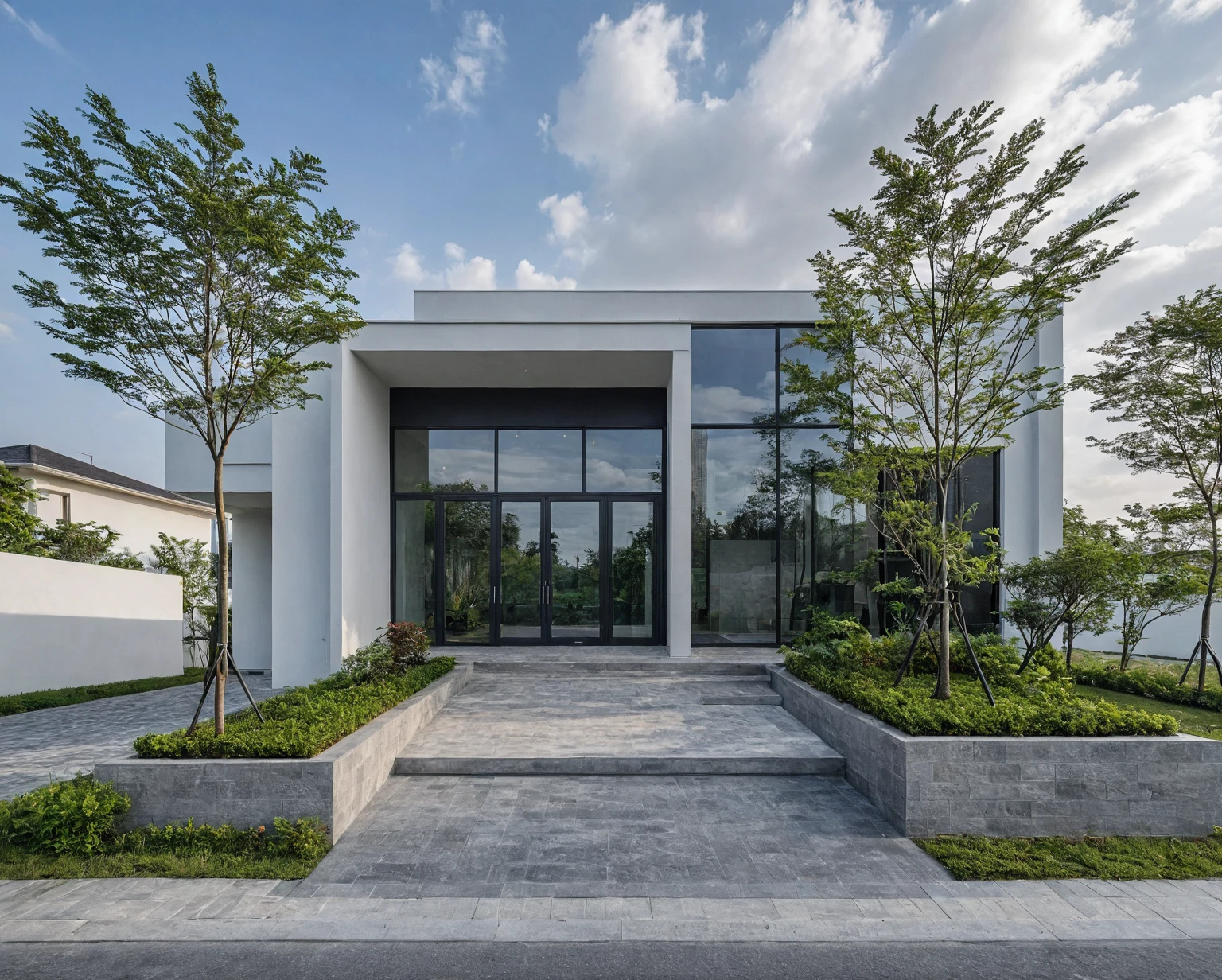 Raw photo, masterpiece, high quality, best quality, realistic, super detailed, outdoor, 2-storey house, modern townhouse style, (white wall), curved wall facade, aluminum interior door glass, curved planter, gray tiled accent wall, gray iron box exterior gate, road, sidewalk, grass, trees, sky, clouds, (daylight):1.1)