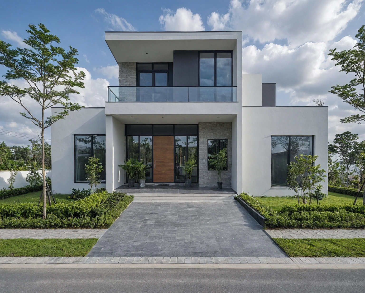 Raw photo, masterpiece, high quality, best quality, realistic, super detailed, outdoor, 2-storey house, modern townhouse style, (white wall), curved wall facade, aluminum interior door glass, curved planter, gray tiled accent wall, gray iron box exterior gate, road, sidewalk, grass, trees, sky, clouds, (daylight):1.1)
