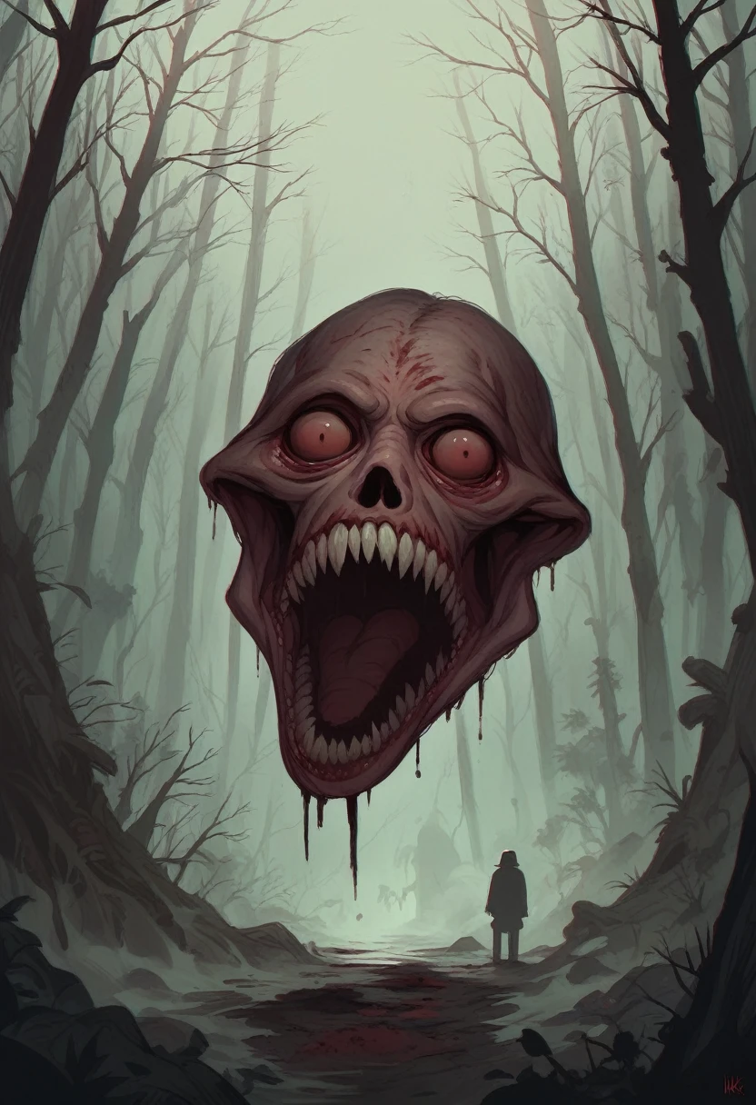 shadow figure, scary, horror, forest, red led, red graffiti, fog, 8k, high quiality, ambient occlusion