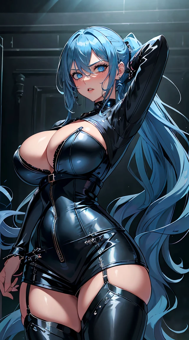 handsome older WOMAN，blue-eyes，blue pupils，Long blue hair，Hyperresolution，accuracy，Detailed rendering，（Subtle facial image）（Image of fine hair）（topquality）（Masterpieces of masters）（High degree of completeness）（A sense of atmosphere）tmasterpiece，Super detailed and super detailed（half-body portrait), long wavy blue hair, (((tHICK WAVY HAIR)))(((ANKLE LENGTH HAIR)))(((Blushing)))(((Huge breasts)))(((LARGER BREASTS))) large breasts, bigger breasts (((Bigger breasts))) (((Blushing))) (((Sakimichan))) (((blue hair))) (((black Rockstar outfit))) (((Leather black outfit))) (((Rockstar)))(((Fishnet tights)))(((cASUAL ROCK OUTFIT))) (((gRUNGE OUTFIT))) (((rOCK MAKEUP))) (((sINGING))) (((bLACK LEATHER OUTFIT))) (((bLACK EYELINER)))(((Fierce expression))) (((Focused))) (((Hair in a long ponytail))) (((Ponytail))) (((Sexy latex outfit)))(((Elf ears)))(((Spotlight))) 
