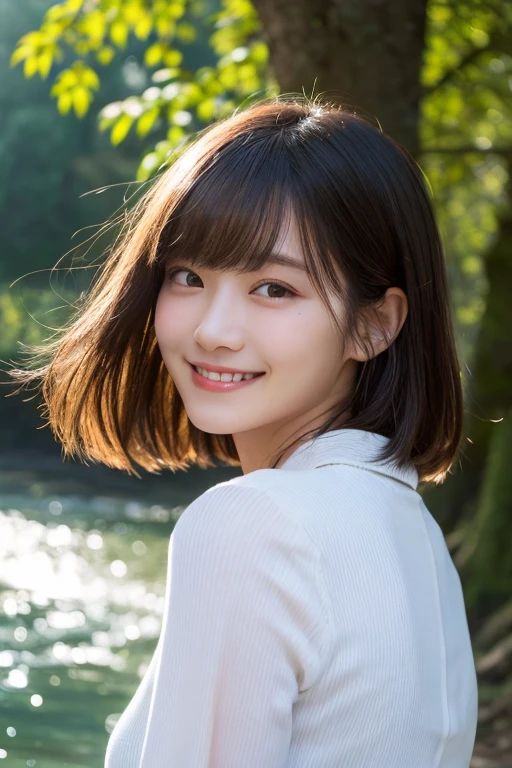 (Photo Real:1.4), (hyper realisitic:1.4), (Smooth lighting:1.05), 1 girl, (mournful smile:1.4), Mouth slightly open, Neat and clean beauty, 22 years old, Soft lighting, Back lighting, (cheerfulness:1.2), (Finest Real Textured Skins), Narrow-eyed, Super fine face, glowy skin, retinas, Anatomically correct, acurate, Super Detail, Textured skin, High quality, high details, Best Quality, High resolution,Morning forest with clear water flowing through it, Medium hair swaying in the wind, Bangs, Blouse