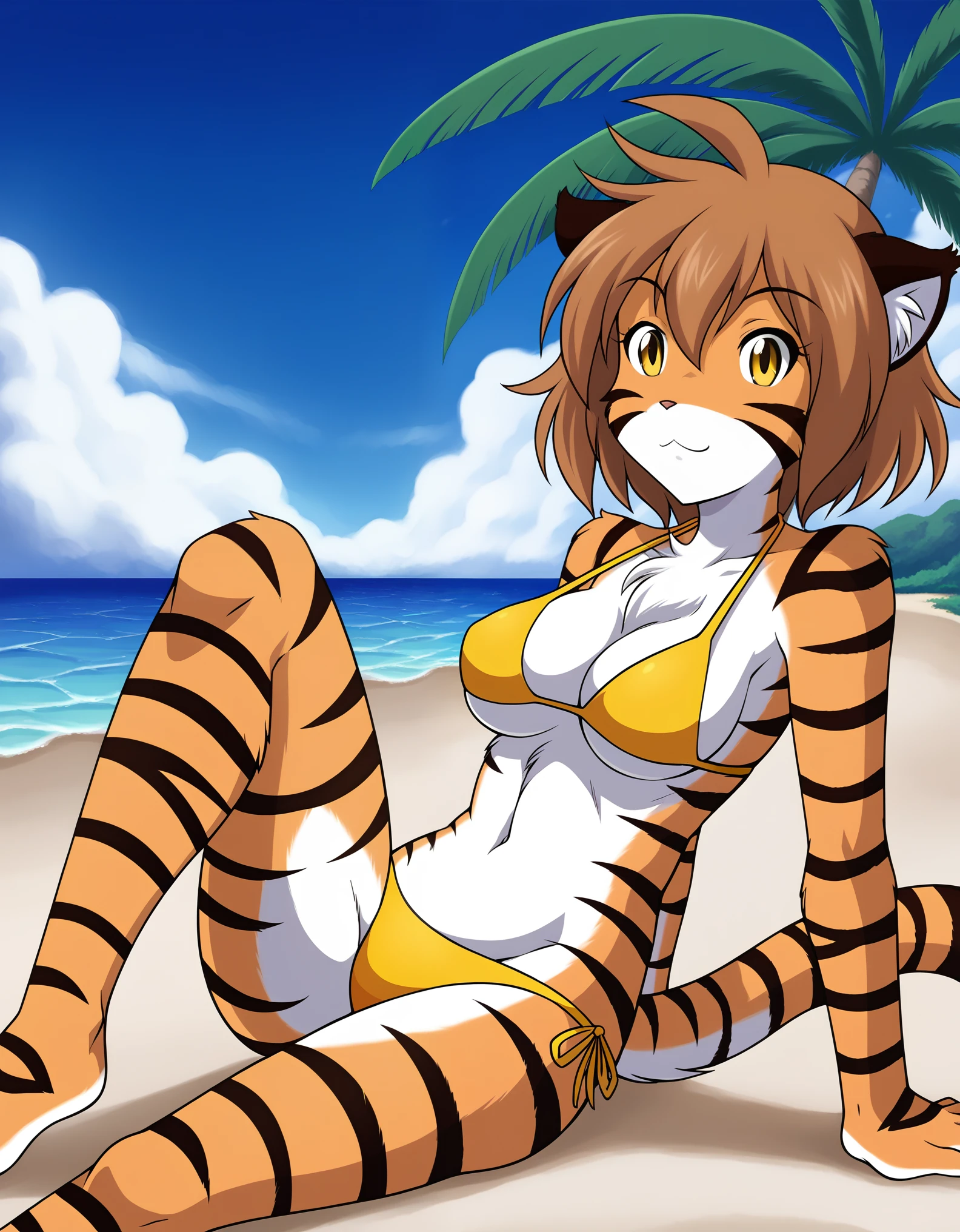 StudioGhibli, bikini, beach backround, masterpiece, high quality, breasts, furry female, tiger girl, solo, 1 girl, yellow eyes, striped fur, orange skin, FloraXL, Flora (Twokinds),