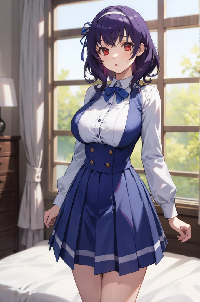 masterpiece, best quality, highres,absurdres,ray_tracing,intricate details,depth of field, extremely delicate and beautiful,4k,1girl,cowboy shot, looking at viewer,
yamanobe tomo, purple hair, red eyes, medium hair,  , hairband, long sleeves, blue skirt, high waist skirt,
my room,huge breasts, curvy,    