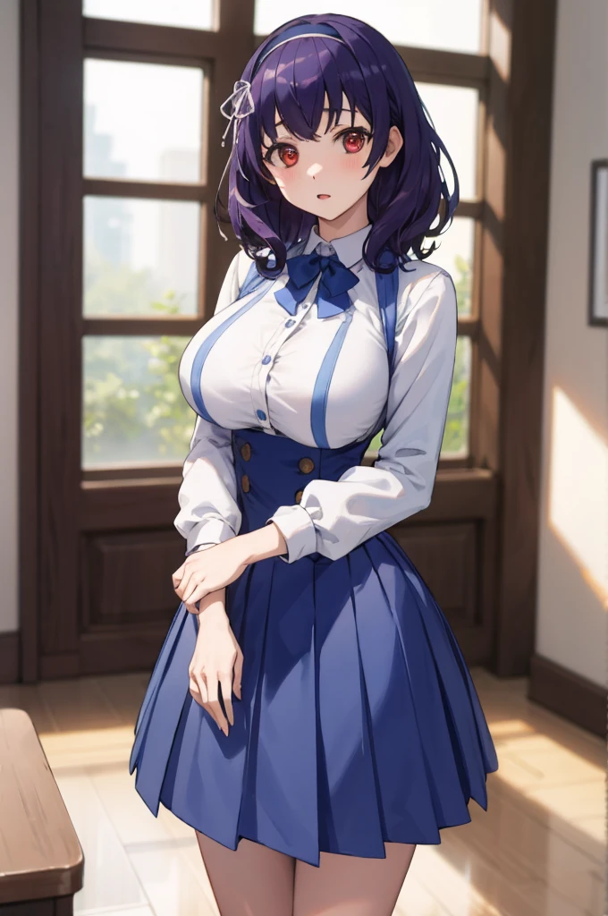 masterpiece, best quality, highres,absurdres,ray_tracing,intricate details,depth of field, extremely delicate and beautiful,4k,1girl,cowboy shot, looking at viewer,
yamanobe tomo, purple hair, red eyes, medium hair,  , hairband, long sleeves, blue skirt, high waist skirt,
my room,huge breasts, curvy,    