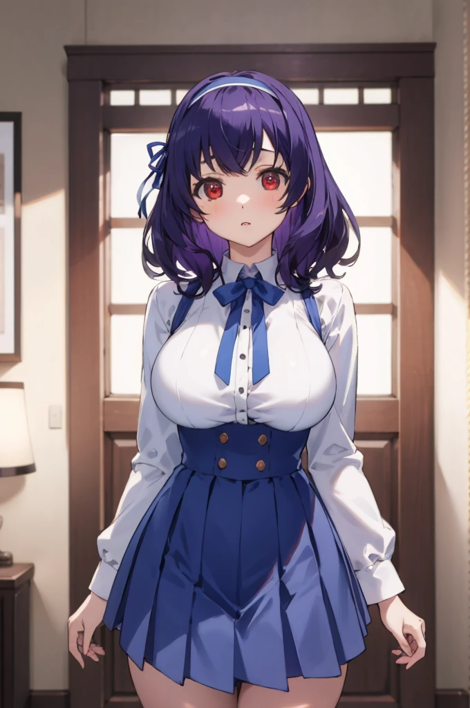 masterpiece, best quality, highres,absurdres,ray_tracing,intricate details,depth of field, extremely delicate and beautiful,4k,1girl,cowboy shot, looking at viewer,
yamanobe tomo, purple hair, red eyes, medium hair,  , hairband, long sleeves, blue skirt, high waist skirt,
my room,huge breasts, curvy,    