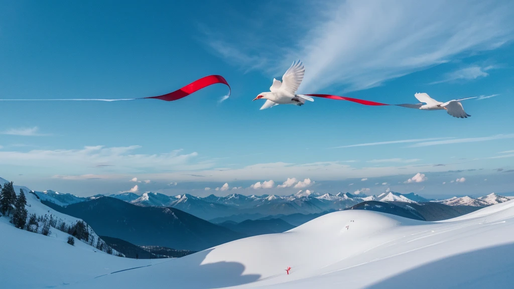 A landscape in the sky with white and light blue as the base, with a red ribbon in the upper left corner and a red ribbon in the lower right corner, and a few birds flying in the sky. Realistic, landscape, 4k, suitable for PPT production.