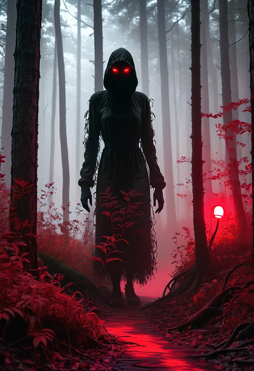 shadow figure, scary, horror, forest, red led, red graffiti, fog, 8k, high quiality, ambient occlusion