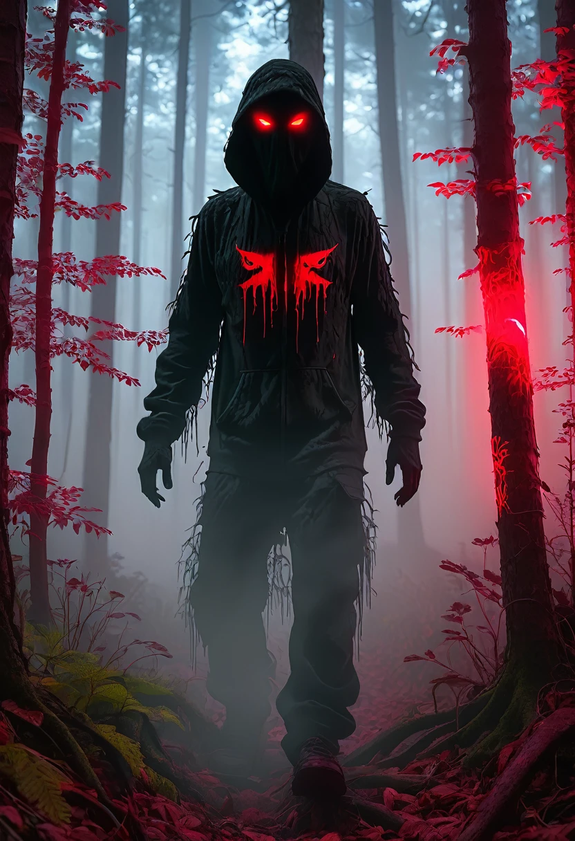 shadow figure, scary, horror, forest, red led, red graffiti, fog, 8k, high quiality, ambient occlusion